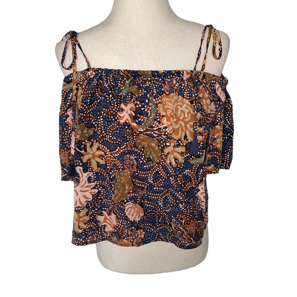 Madewell Silk Cold Shoulder Tie Tassel Straps Sea Floral Crop Top - M - Picture 4 of 15